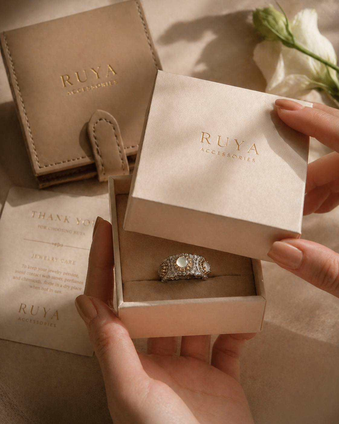 Vintage “Måneblomst” ring – justerbar i sølvbelagt kobber | RUYA