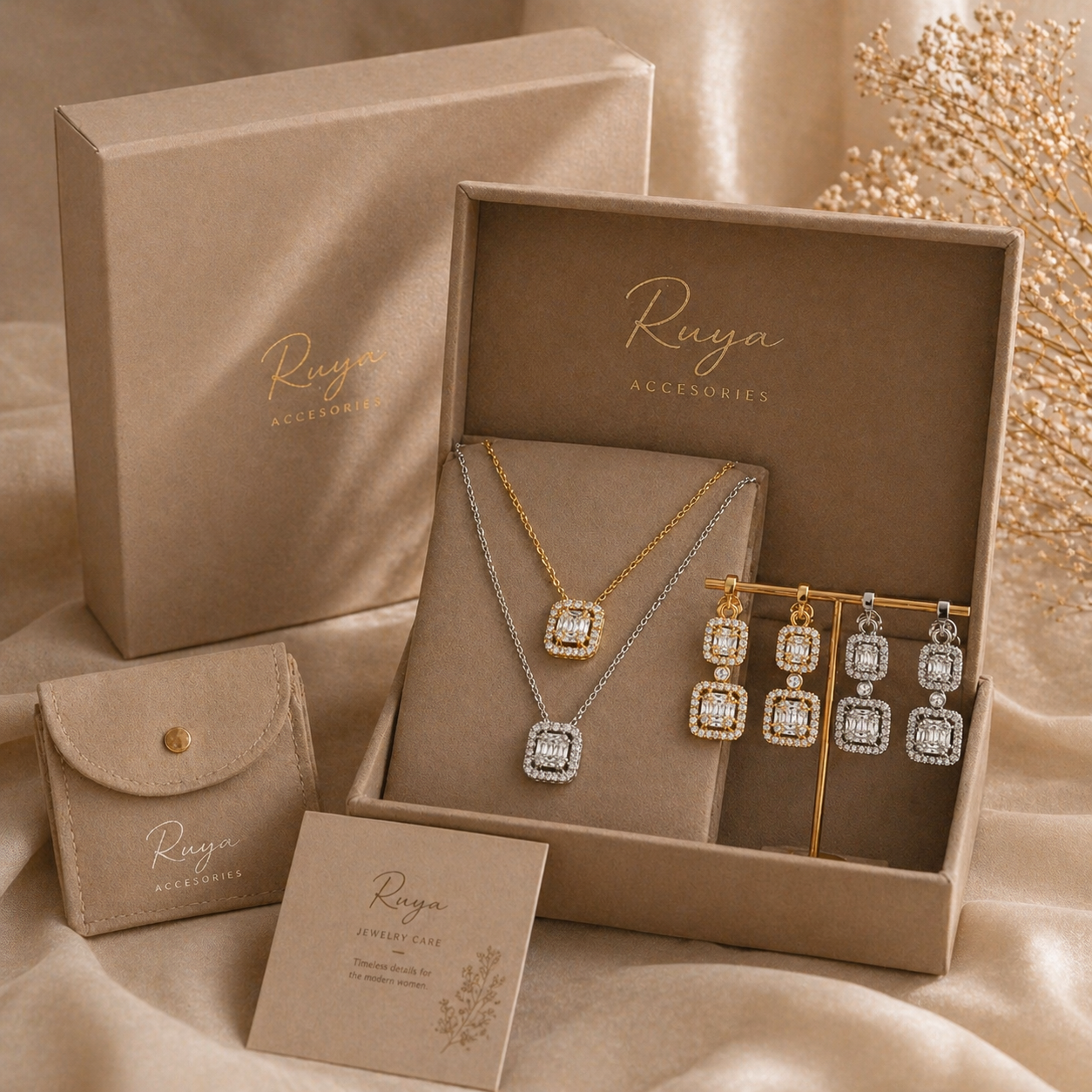 Elegant firkantet smykke sett med zirkonia – halskjede & øredobber | RUYA