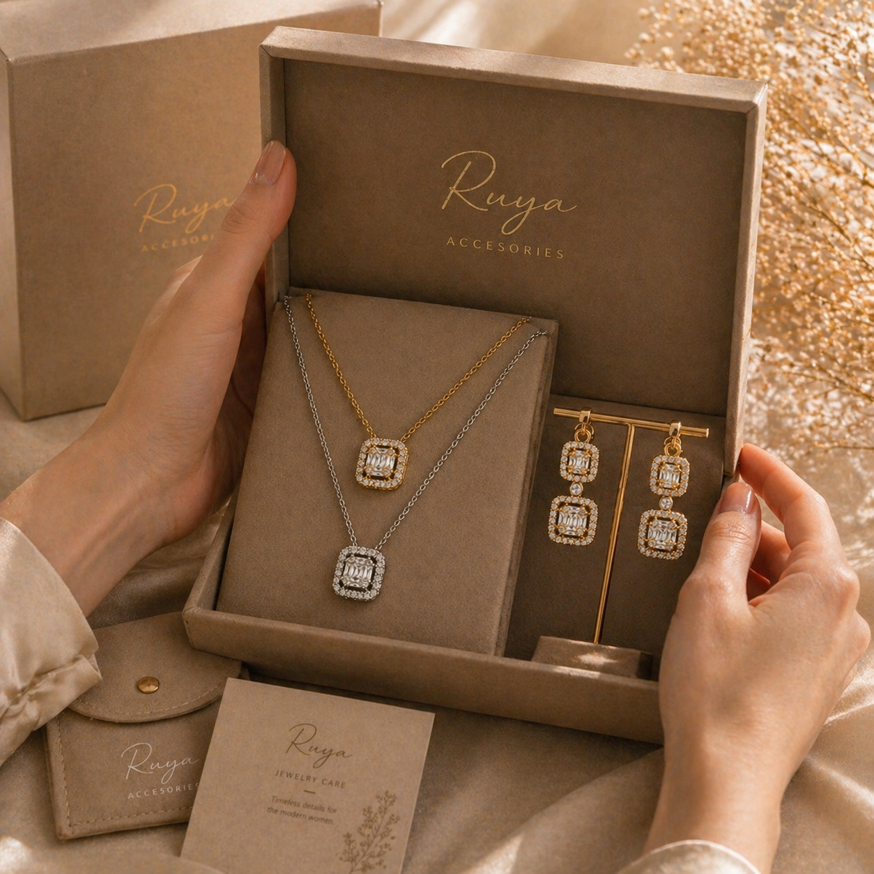 Elegant firkantet smykke sett med zirkonia – halskjede & øredobber | RUYA
