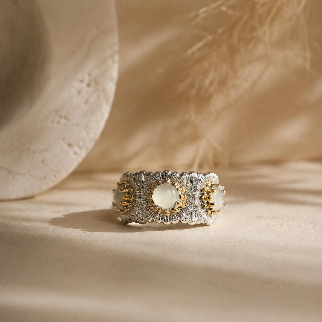 Vintage “Måneblomst” ring – justerbar i sølvbelagt kobber | RUYA