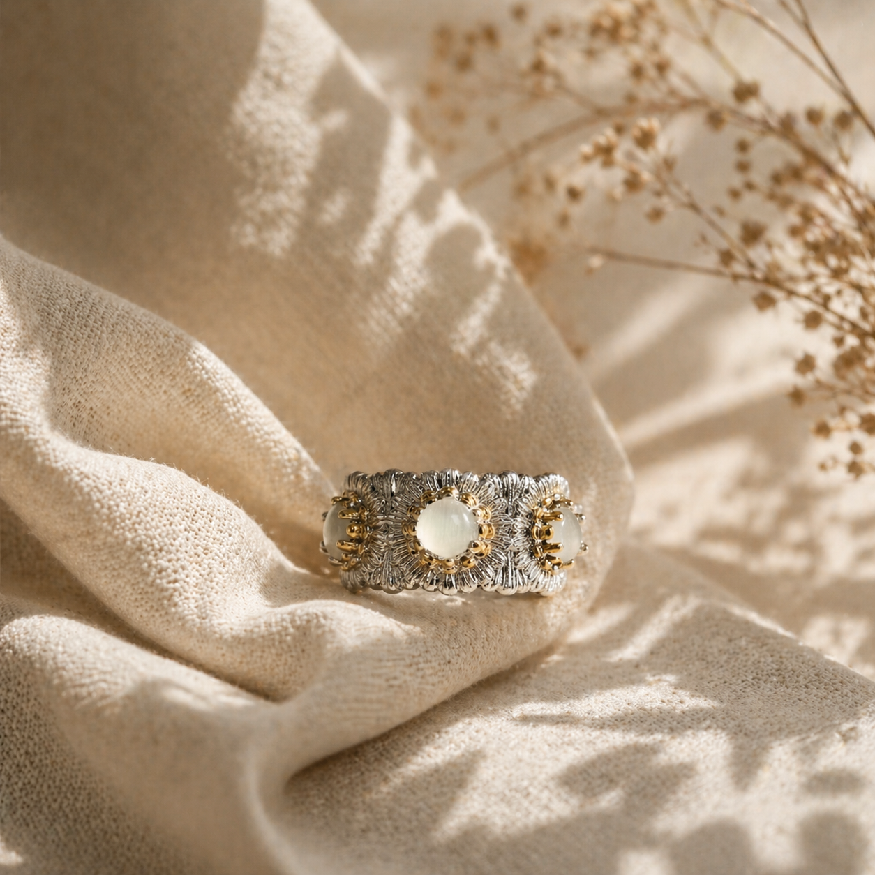 Vintage “Måneblomst” ring – justerbar i sølvbelagt kobber | RUYA
