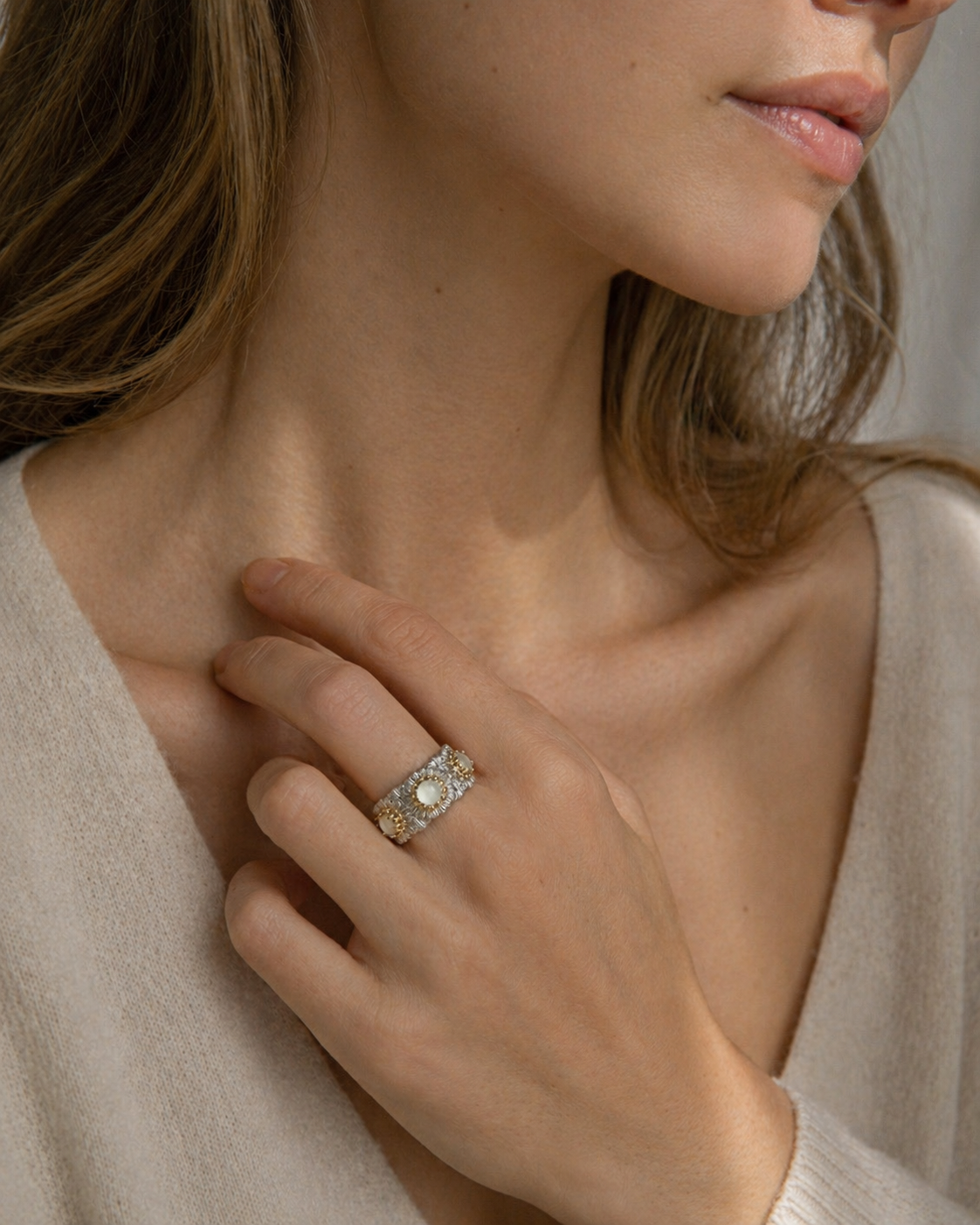 Vintage “Måneblomst” ring – justerbar i sølvbelagt kobber | RUYA