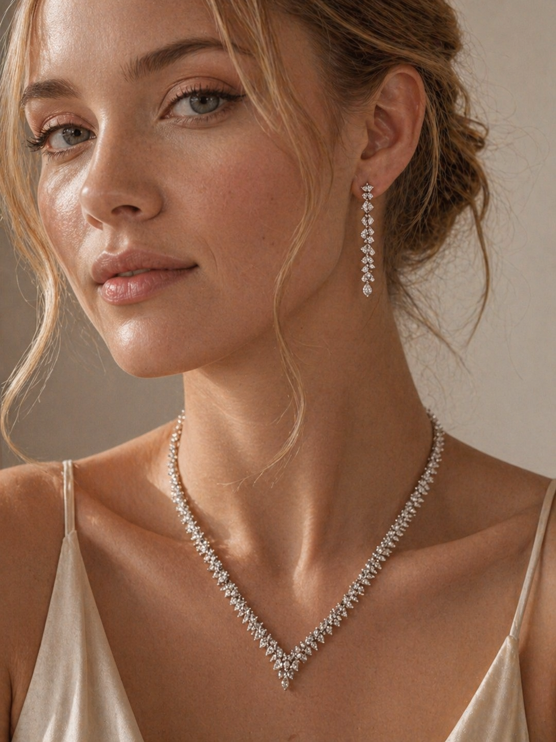 Elegant smykkesett med zirkonia – halskjede og øredobber i geometrisk design
