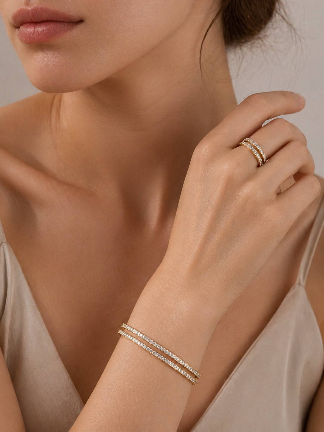 Elegant armbånd & ring sett med zirkonia – Justerbar størrelse